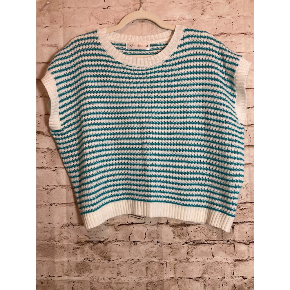 Knit Mix Boxy‎ Sweater Womens Medium Turquoise Striped Lightweight Pullover